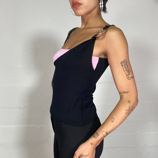 Vintage 90's Clubwear Black One Shoulder Top with Pink Chest and Metal Ring Detail (S)