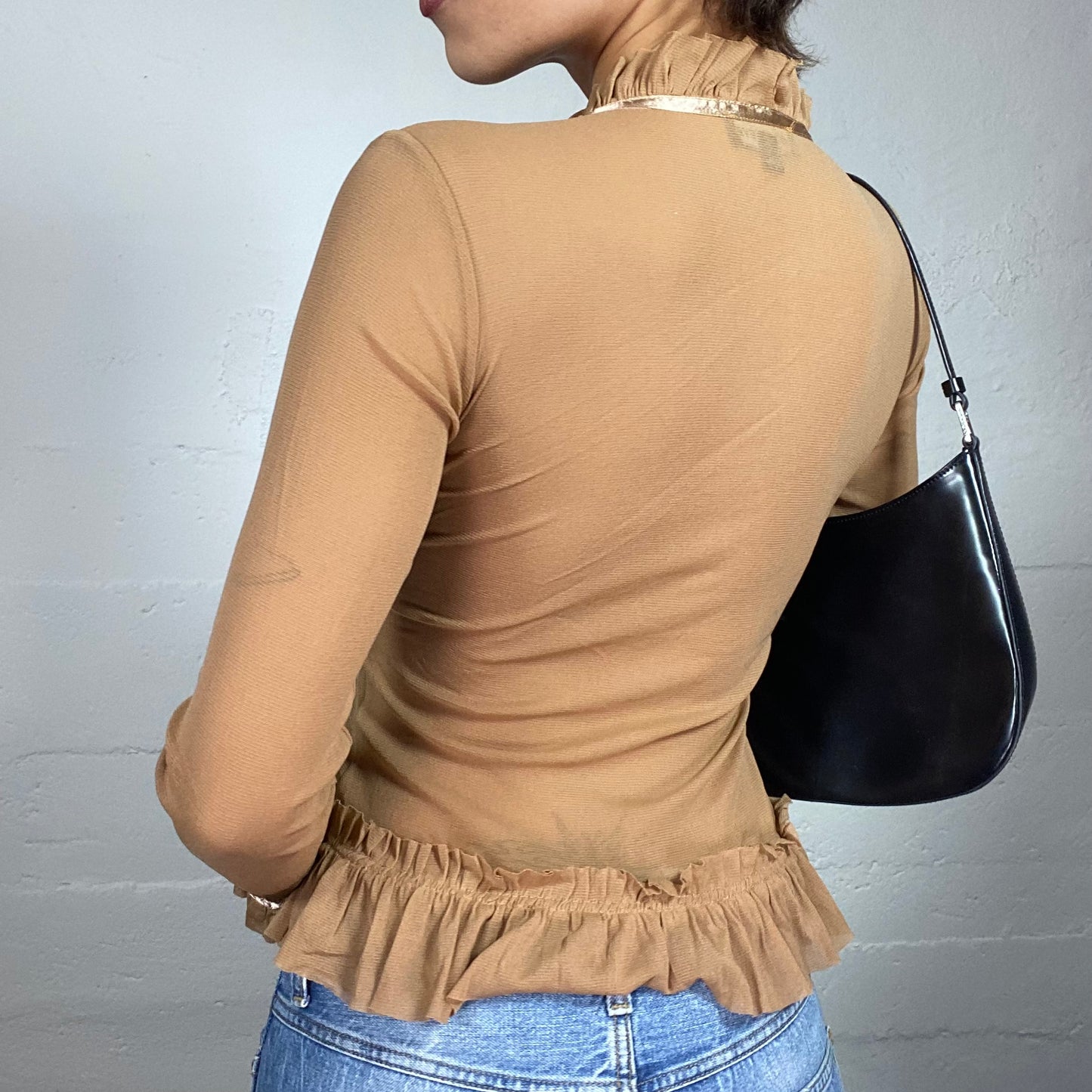 Vintage 2000's Coquette Girl Brown Longsleeve Frilled Top with Satin Stripes Detail (S/M)