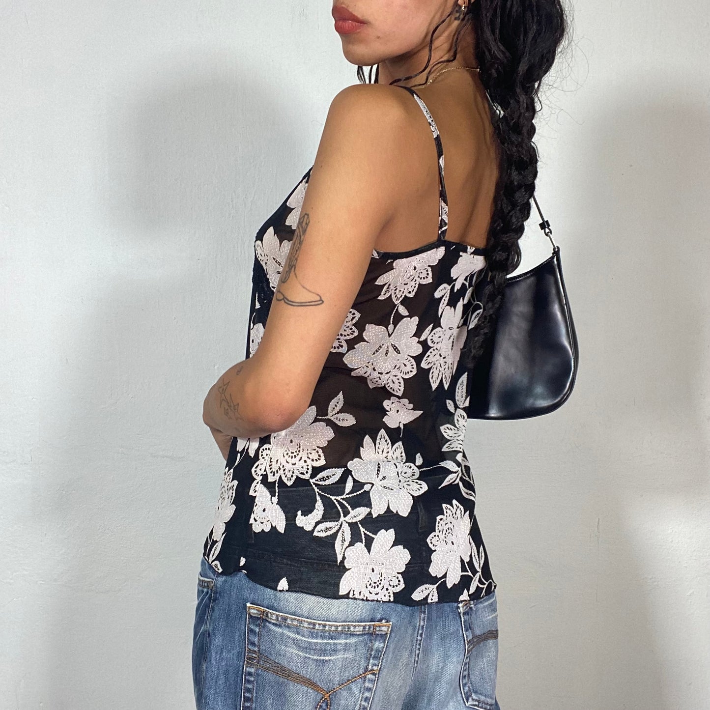 Vintage 2000's Downtown Girl Black Top with White Floral Print and Lace Detail (S)