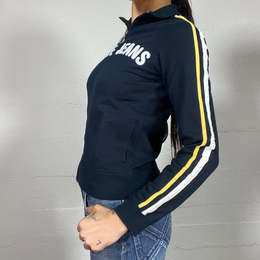 Vintage 2000's Pepe Jeans College Girl Black Zip Up Sweater with Yellow Sleeve Trims (S/M)