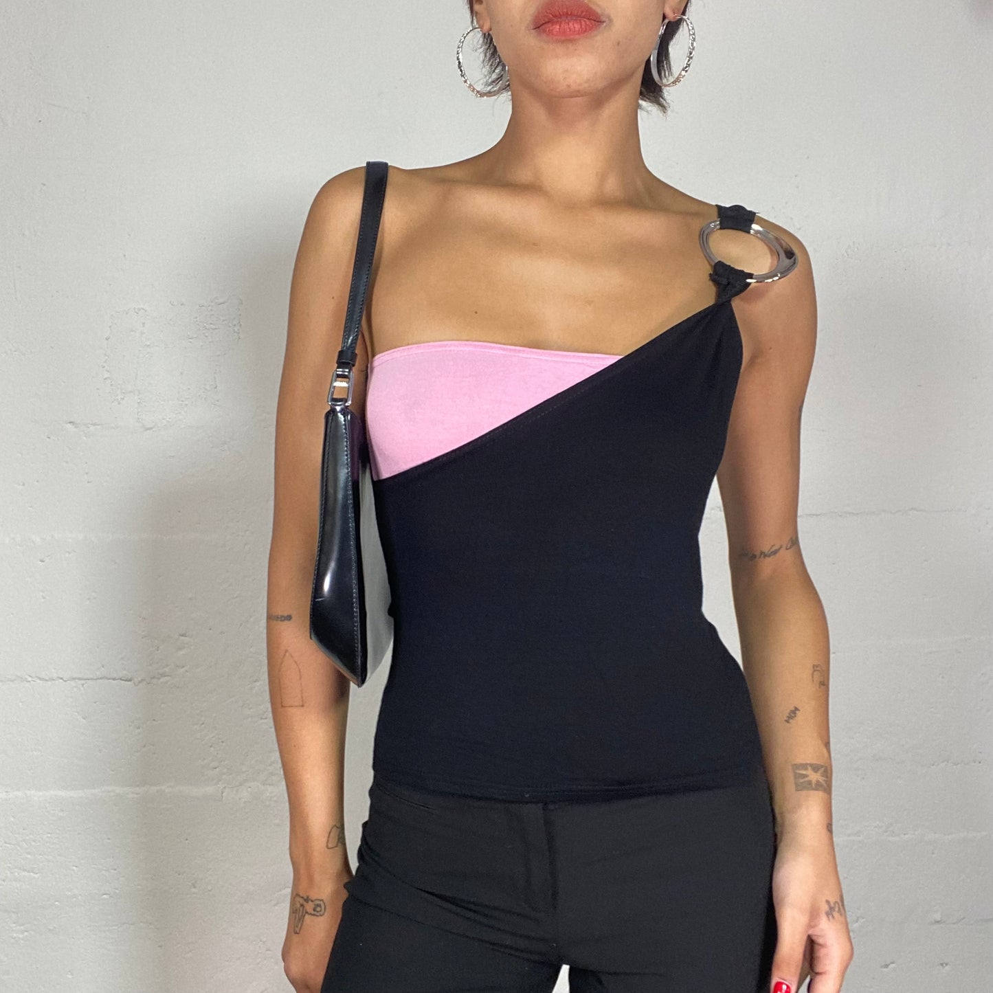 Vintage 90's Clubwear Black One Shoulder Top with Pink Chest and Metal Ring Detail (S)