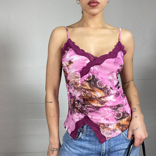 Vintage 90's Downtown Girl Pink Top with Ethnic Print and Lace Trim Detail (S