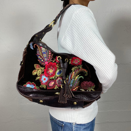 Vintage 90's Just Cavalli Phoebe Buffay Black Squared Shoulder Bag with Colourful Floral Embroidery