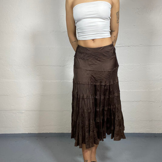 Vintage 2000's Boho Girl Brown Maxi Skirt with Layered Volant Cut (M)