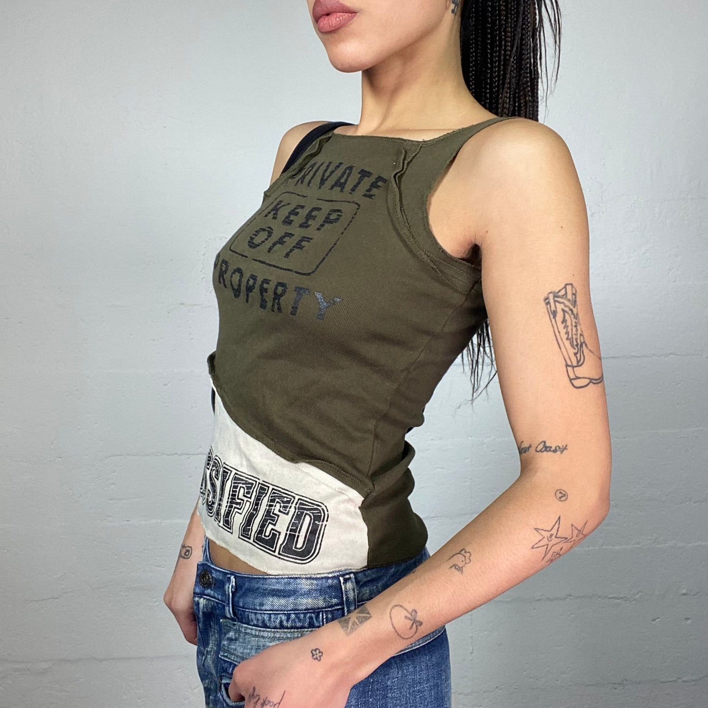 Vintage 2000's Downtown Girl Khaki Top with "Classified Private Propety" Print Detail (S/M)