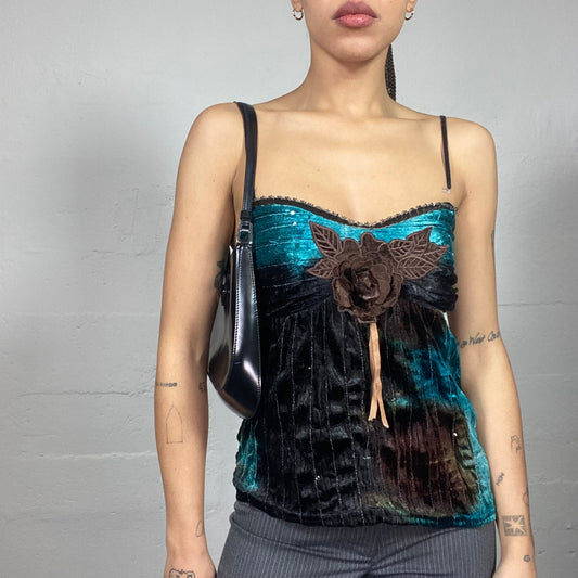 Vintage 90's Festive Blue Tie Dye Top with Brown Rosette Detail (S)