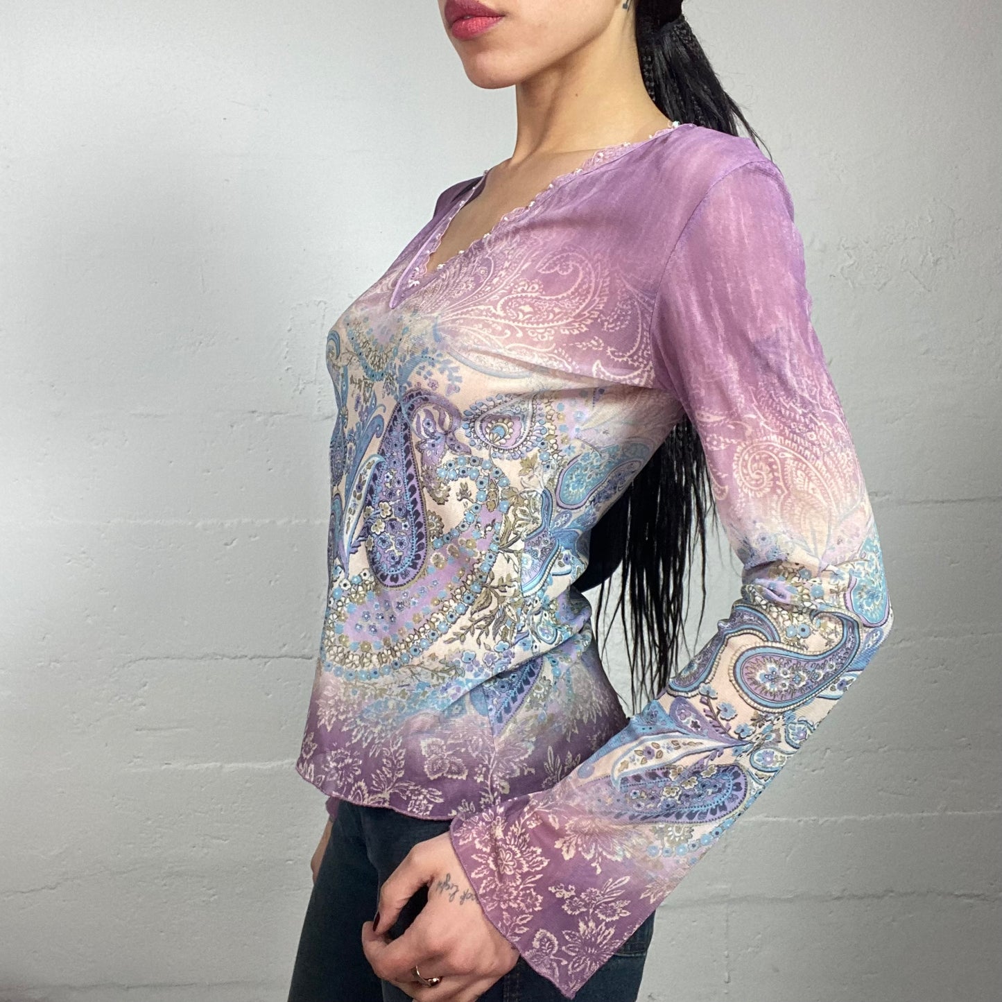 Vintage 2000's Boho Lilac Longsleeve Blouse Top with Paisley Print (M)