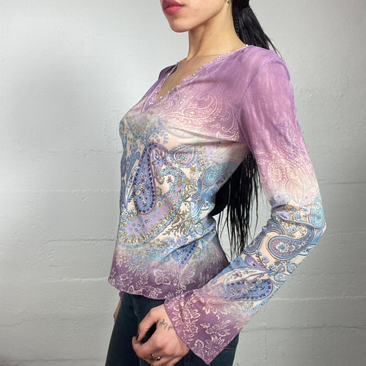 Vintage 2000's Boho Lilac Longsleeve Blouse Top with Paisley Print (M)