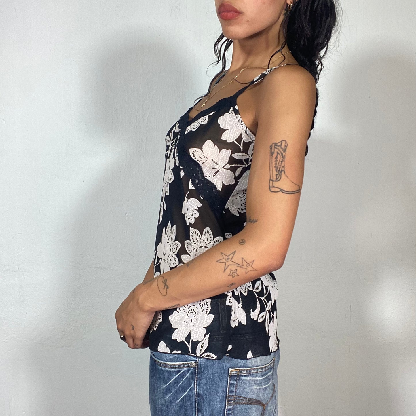 Vintage 2000's Downtown Girl Black Top with White Floral Print and Lace Detail (S)