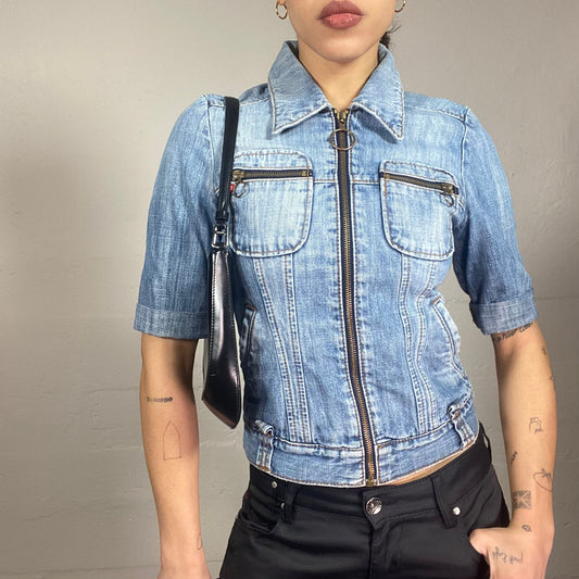 Vintage 90's Miss Sixty Cameron Díaz Cropped Denim Jacket with Short Sleeves Detail (XS)