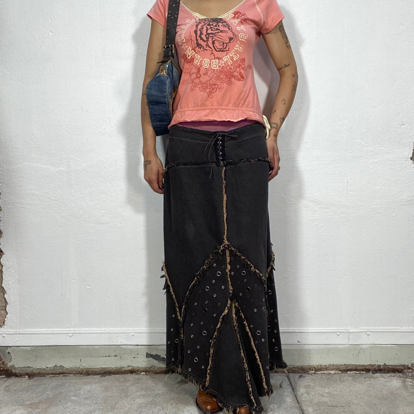 Vintage 90's Grunge Black Denim Maxi Skirt with Raw Hem and Eyelet Details (M/L)