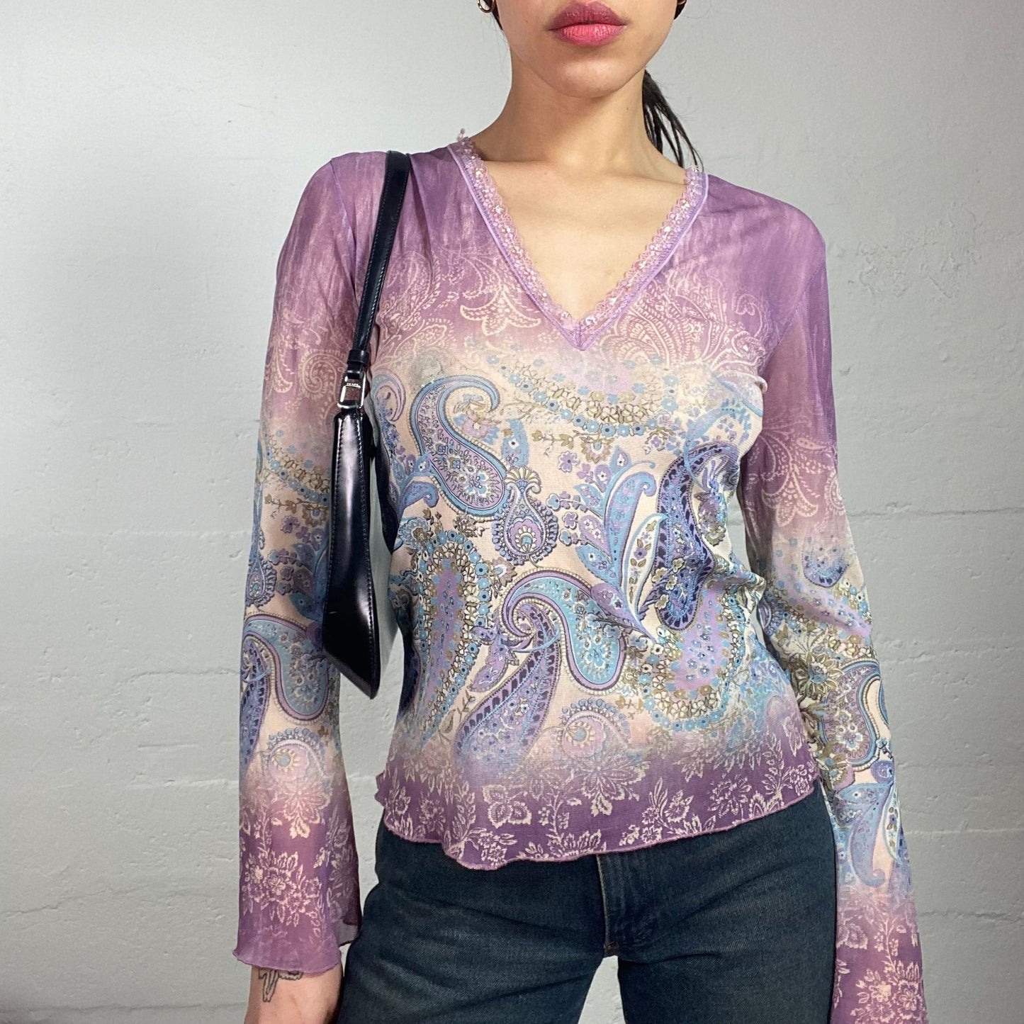 Vintage 2000's Boho Lilac Longsleeve Blouse Top with Paisley Print (M)
