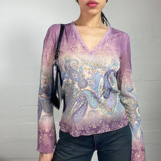 Vintage 2000's Boho Lilac Longsleeve Blouse Top with Paisley Print (M)