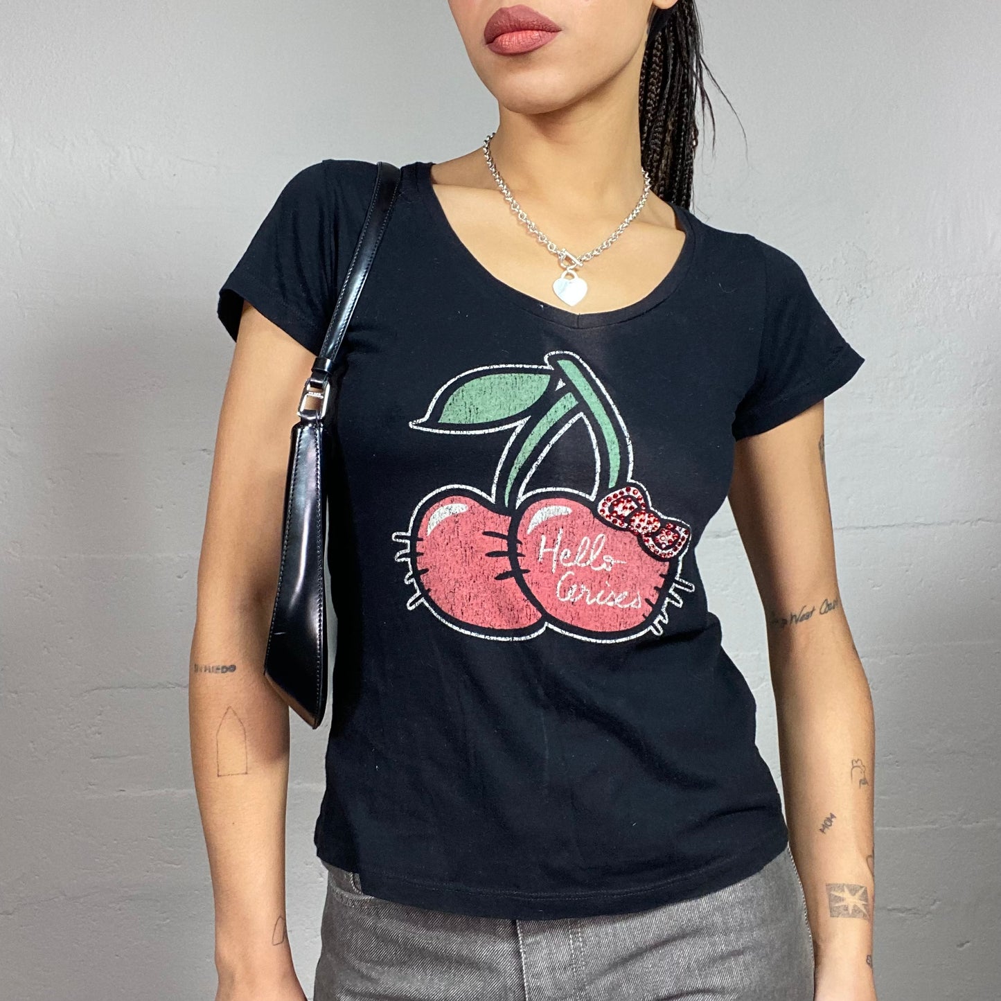 Vintage 2000's Sleaze Black Tee with Cherry Hello Kitty Print (S)