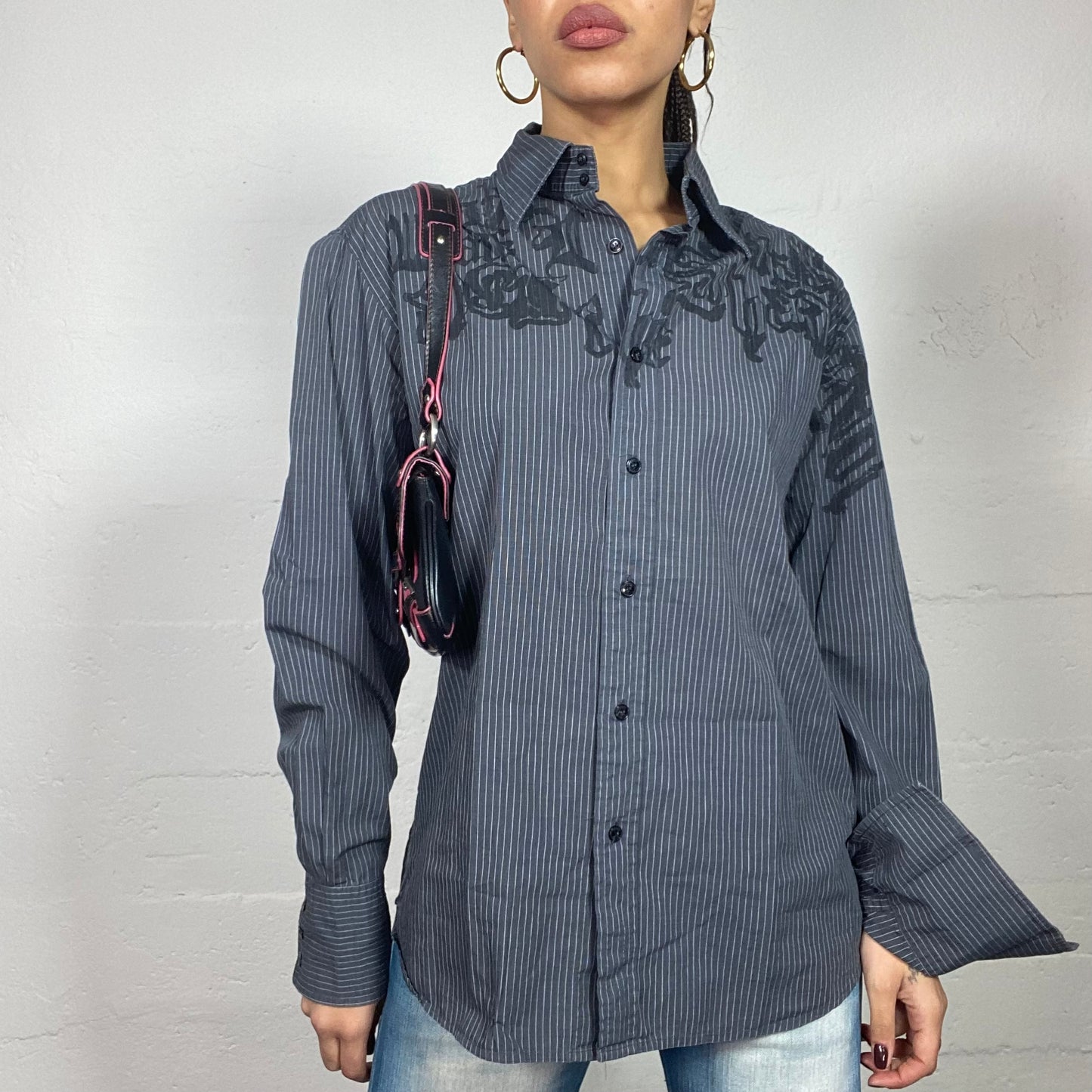 Vintage 2000's Archive Pinstripe Grey Button Up Shirt with Gothic Print (M)