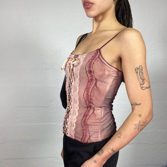 Vintage 90's Babydoll Goth Pale Rose Corset Top with Mixed Lace Material (S)