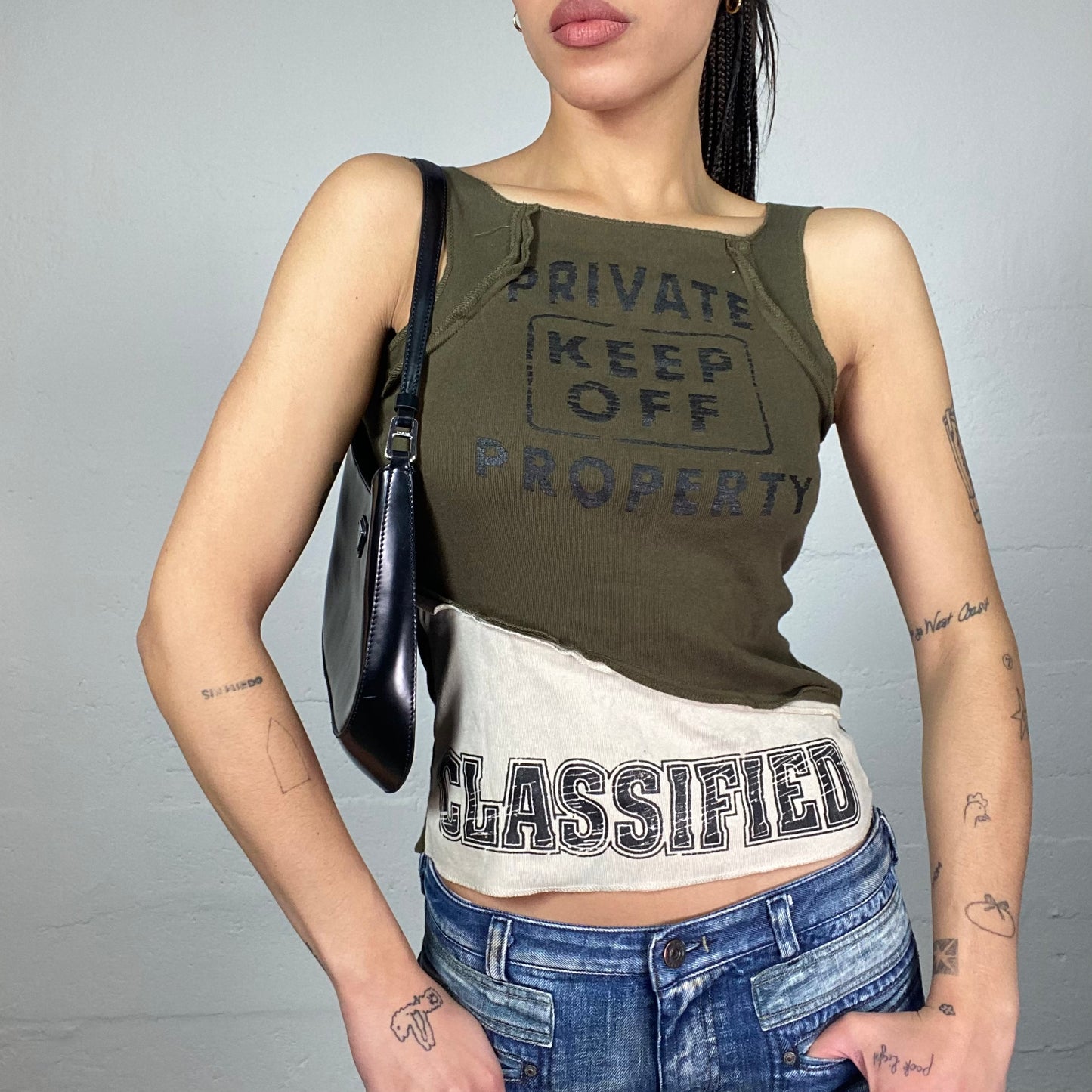 Vintage 2000's Downtown Girl Khaki Top with "Classified Private Propety" Print Detail (S/M)