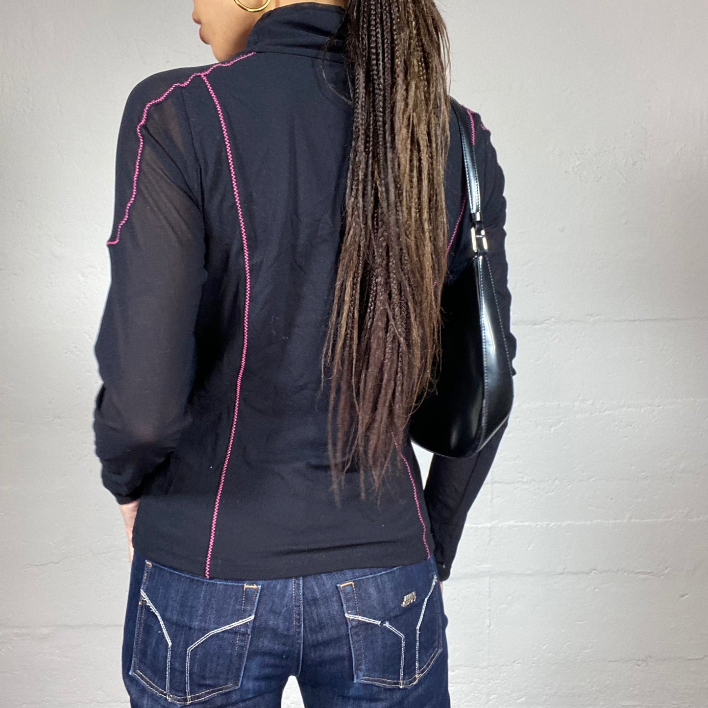 Vintage 90's Techwear Black Highneck Top with Pink Detail (M)