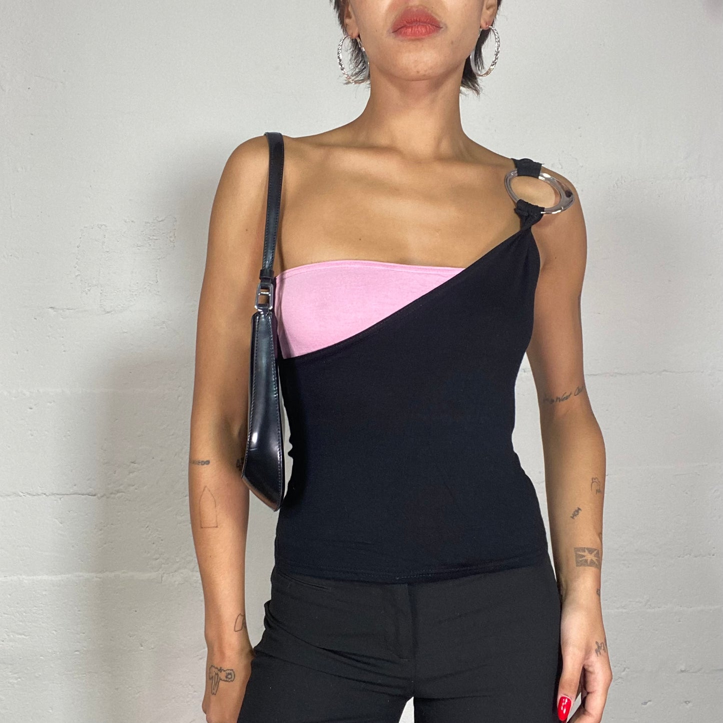 Vintage 90's Clubwear Black One Shoulder Top with Pink Chest and Metal Ring Detail (S)