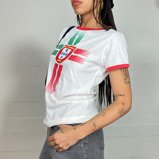 Vintage 2000's Sporty White and Red Top with Portugal Badge Print (S/M)