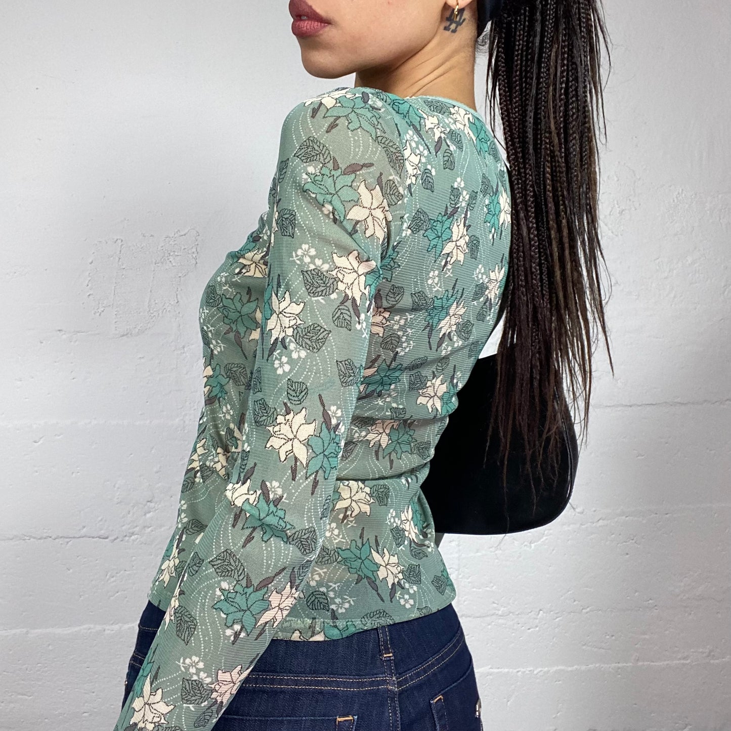 Vintage 90's Coquette Girl Blue Longsleeve Top with Floral Print (S)