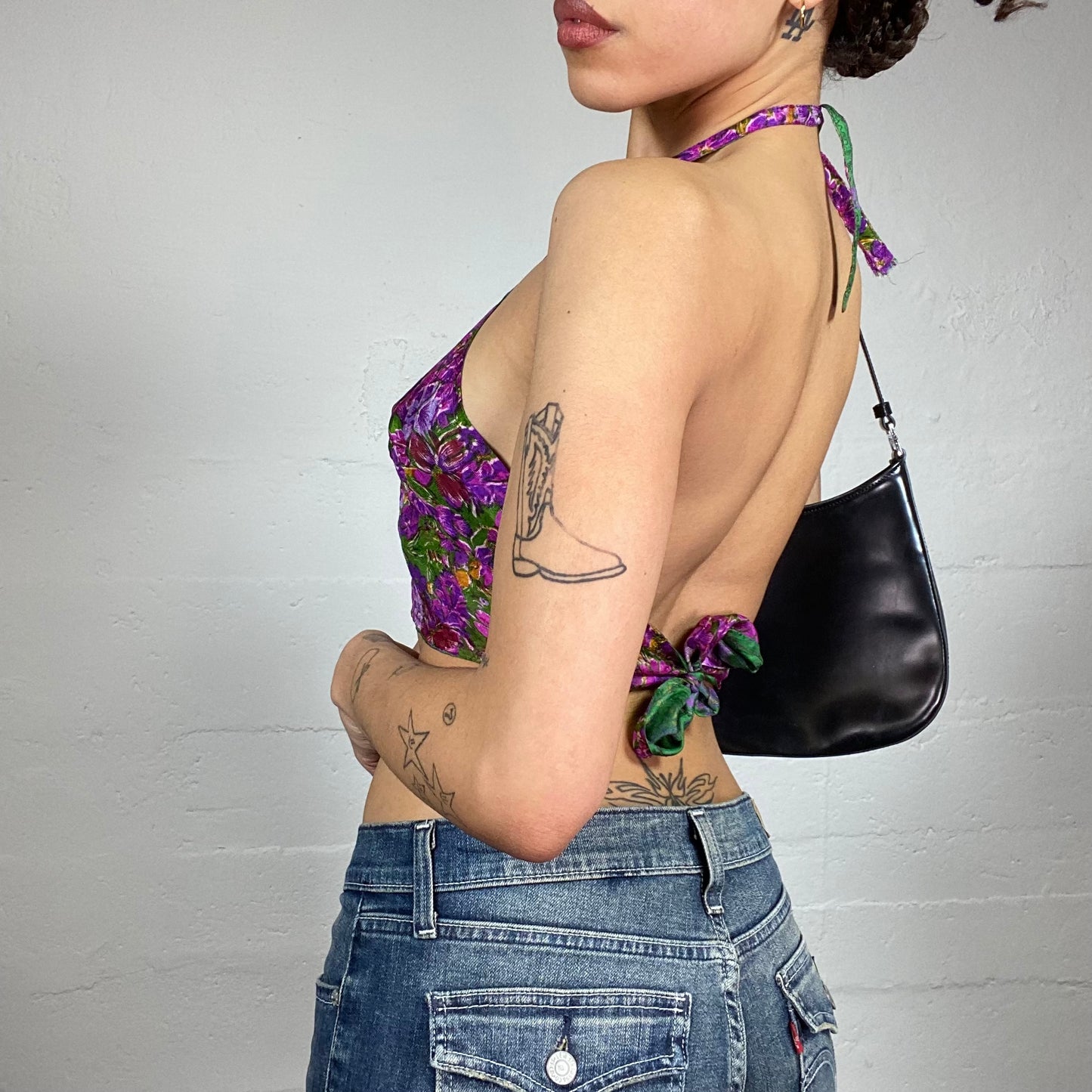 Vintage 2000's Festival Purple Crop Top with Open Back and Floral Print (S)