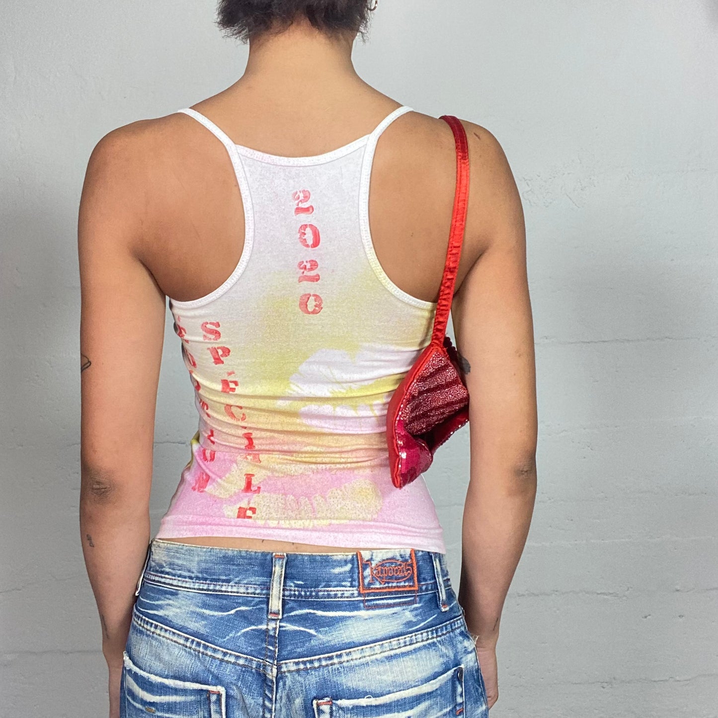 Vintage 2000's Downtown Girl Orange Top with Lips and "No kiss" Typography Print (S)