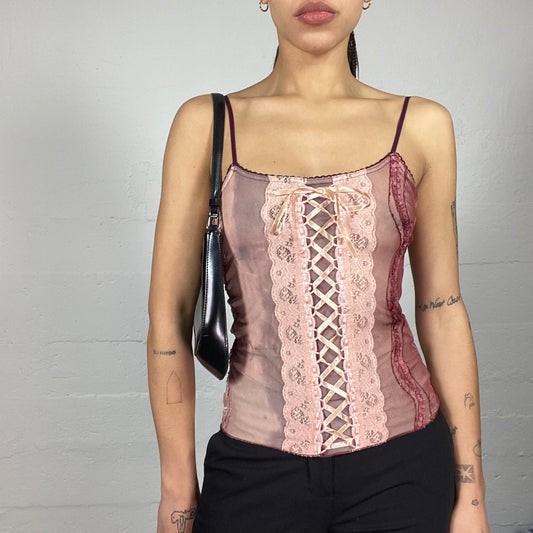 Vintage 90's Babydoll Goth Pale Rose Corset Top with Mixed Lace Material (S)