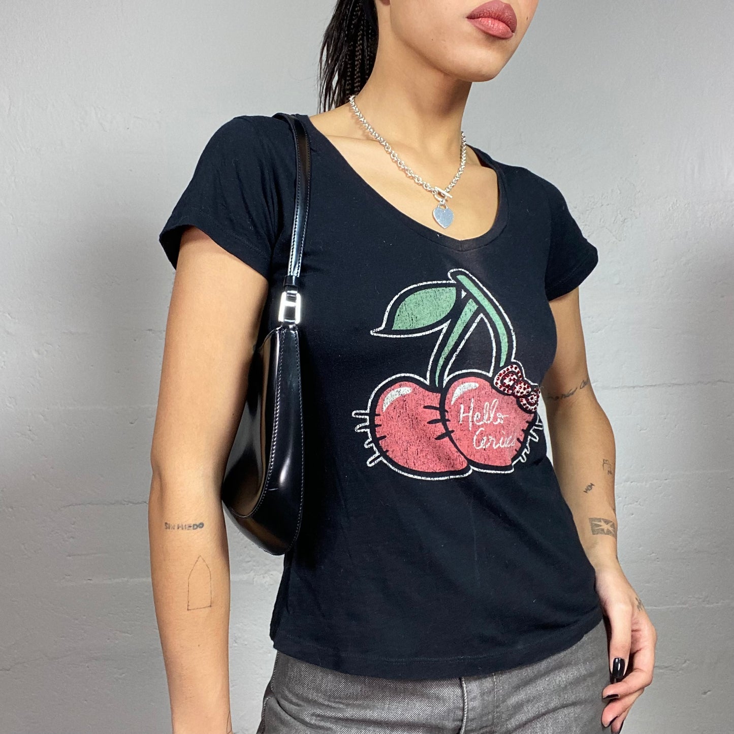 Vintage 2000's Sleaze Black Tee with Cherry Hello Kitty Print (S)