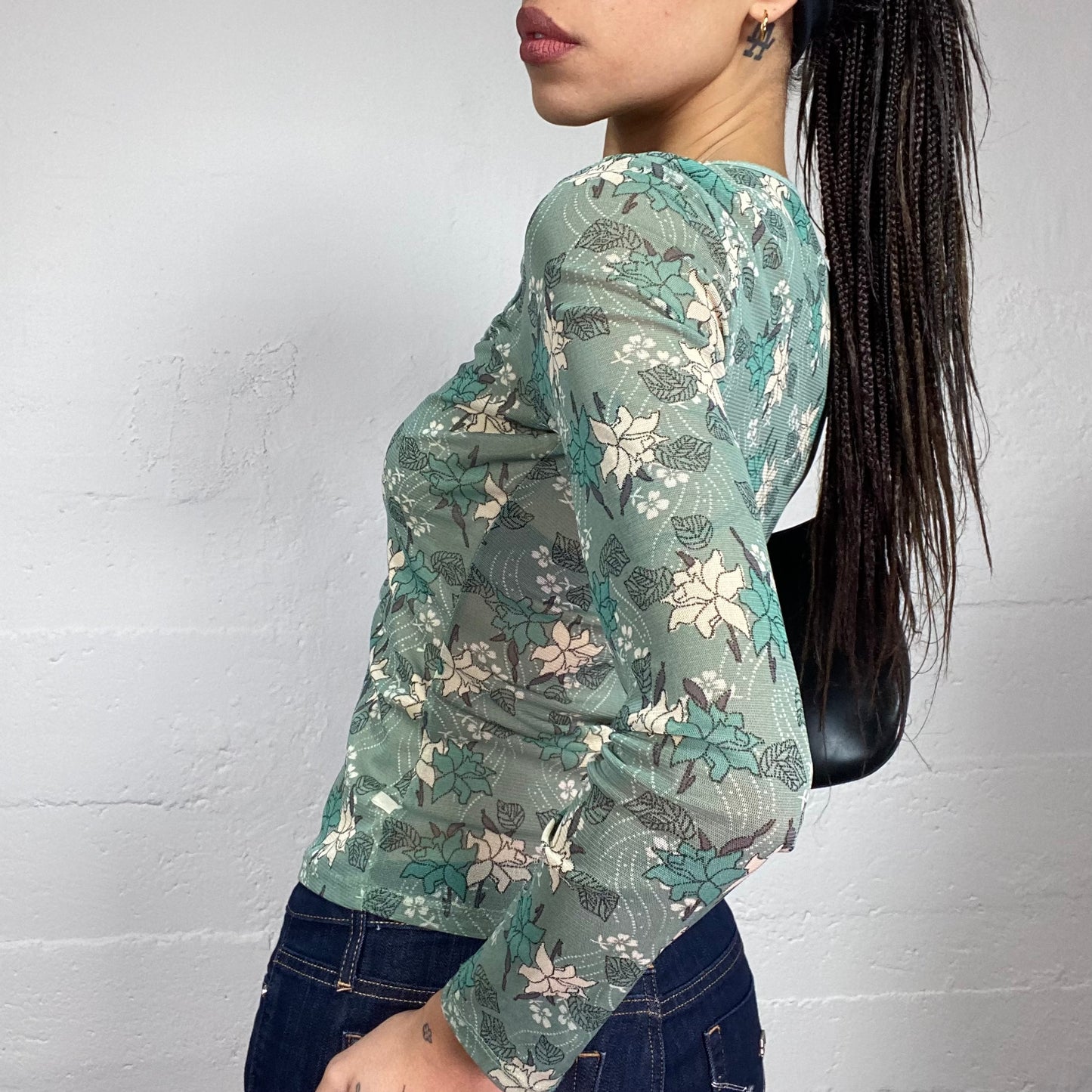 Vintage 90's Coquette Girl Blue Longsleeve Top with Floral Print (S)