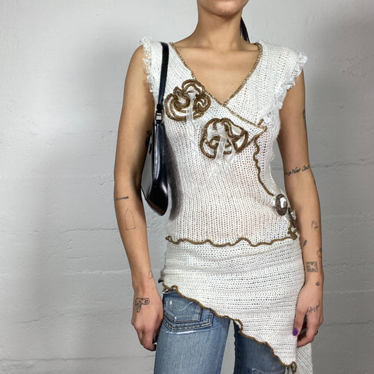 Vintage 2000's Downtown Girl White Kitted Asymmetric Cut Long Top with Crochet Rosettes Detail (S)