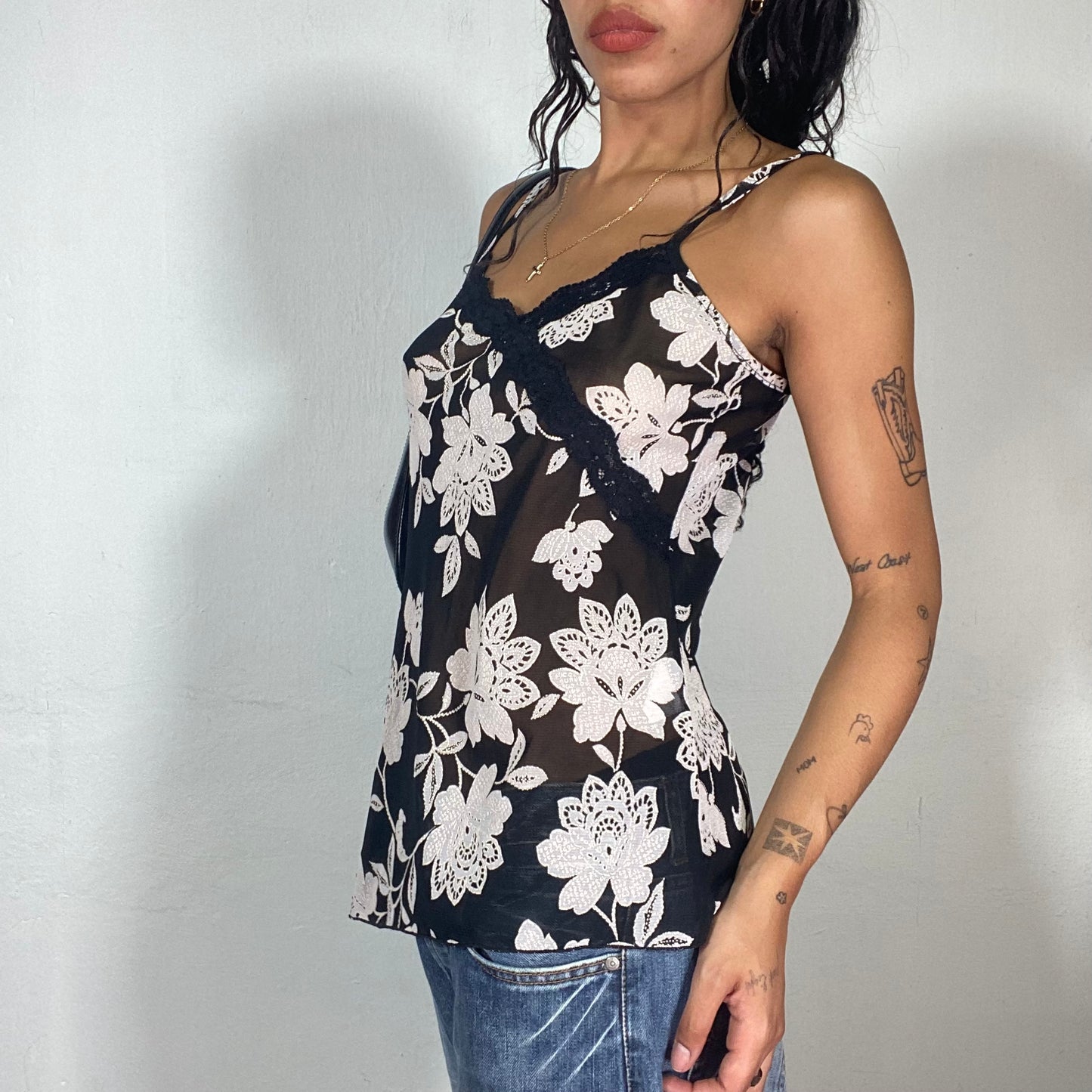Vintage 2000's Downtown Girl Black Top with White Floral Print and Lace Detail (S)