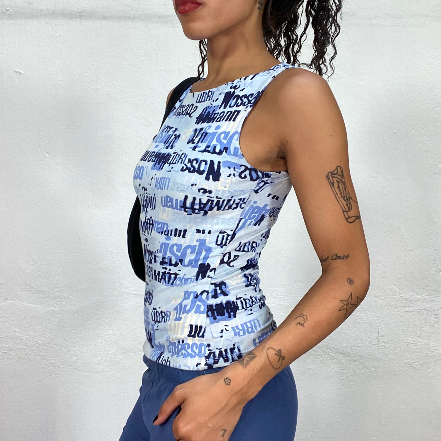 Vintage 90's Downtown Girl Blue Tank Top with Typography Print (S)