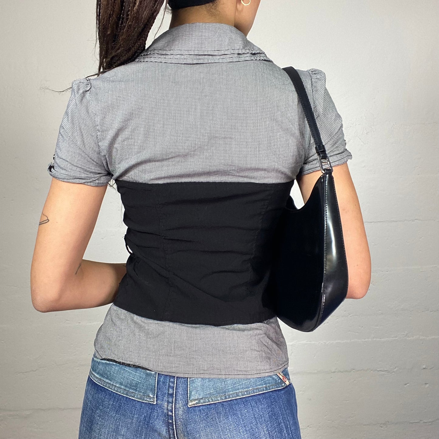 Vintage 2000's Corpcore Grey Cut Shirt Top with Black Corset Cut Detail (S)