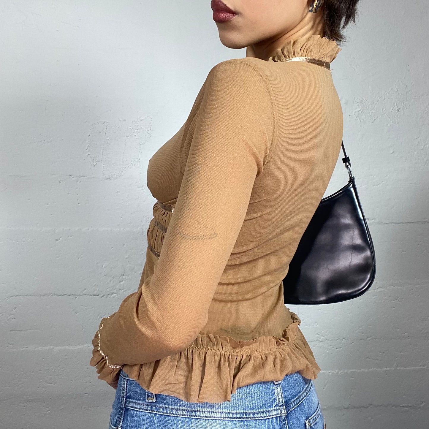 Vintage 2000's Coquette Girl Brown Longsleeve Frilled Top with Satin Stripes Detail (S/M)