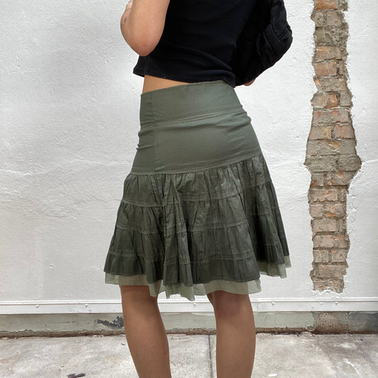 Vintage 90's Indie Green Midi Skirt with Mesh Trim (S/M)