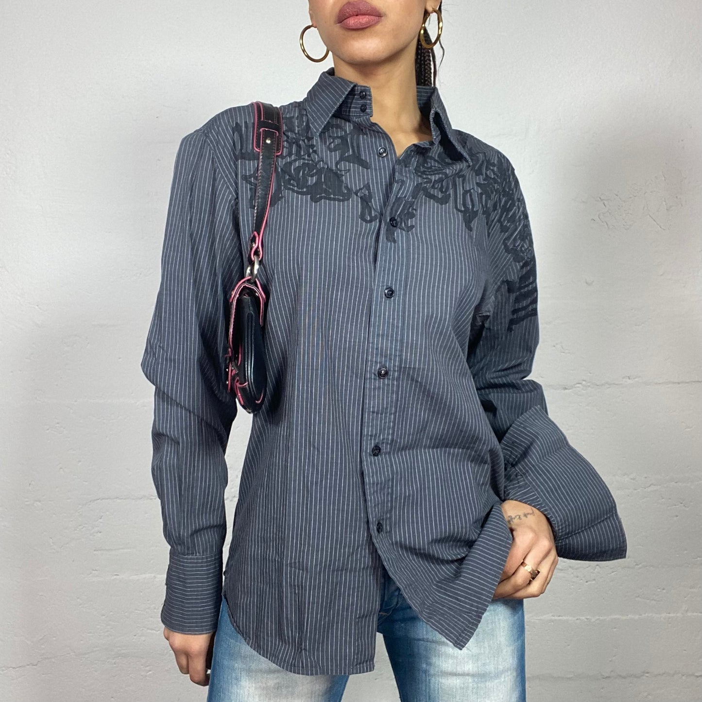 Vintage 2000's Archive Pinstripe Grey Button Up Shirt with Gothic Print (M)