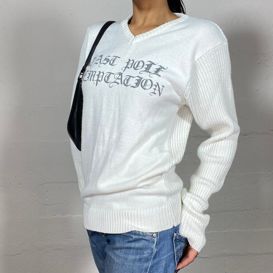 Vintage 2000's Techwear White Pullover with Grey Gothic Lettering Print (M)