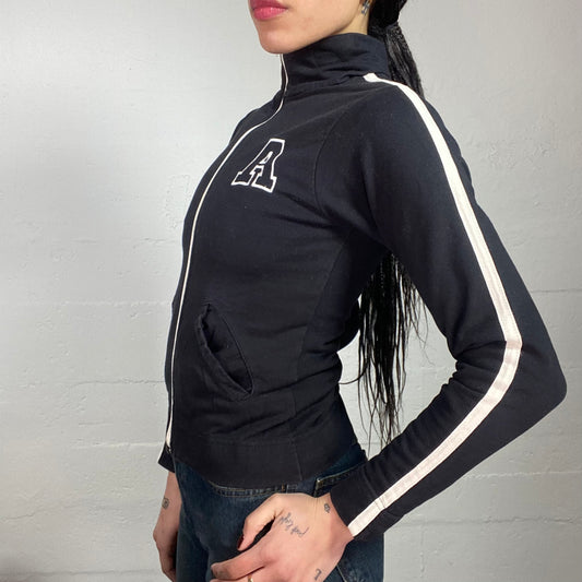 Vintage 2000's Sporty Black Zip Up Jacket with White Band and 'A' Detail (S/M)