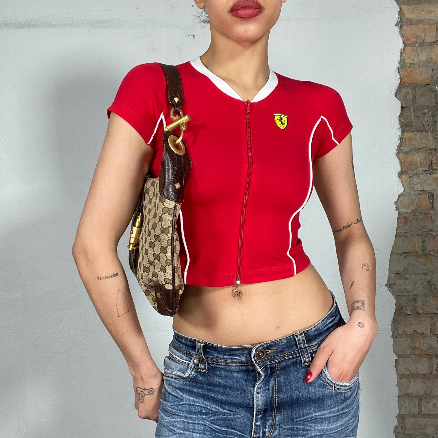 Vintage 2000's Ferrari Red Zip Up Baby Tee with Logo Patch (XS)