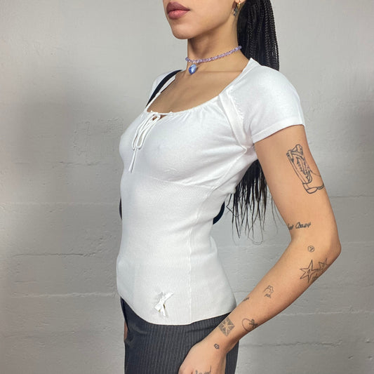 Vintage 90's Phoebe Buffay White Loose Fit Top with Lace Up Detail (M)