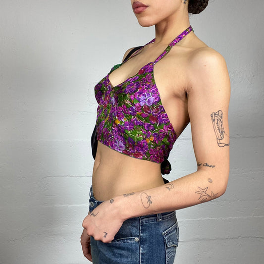 Vintage 2000's Festival Purple Crop Top with Open Back and Floral Print (S)