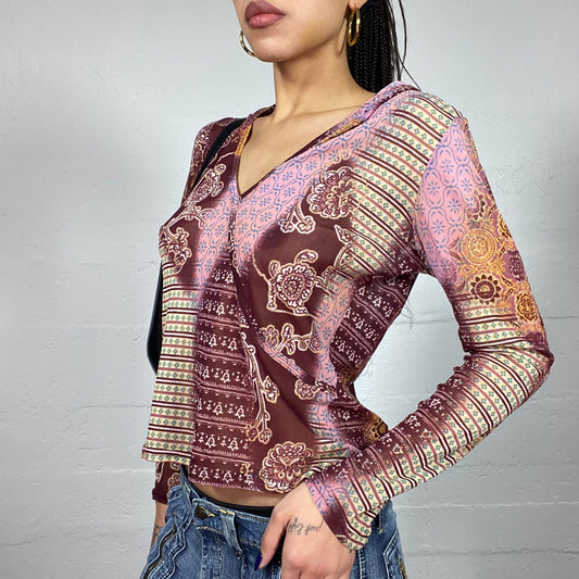 Vintage 2000's Boho Garnet Hooded Longsleeve Top with Ethnic Print (M)