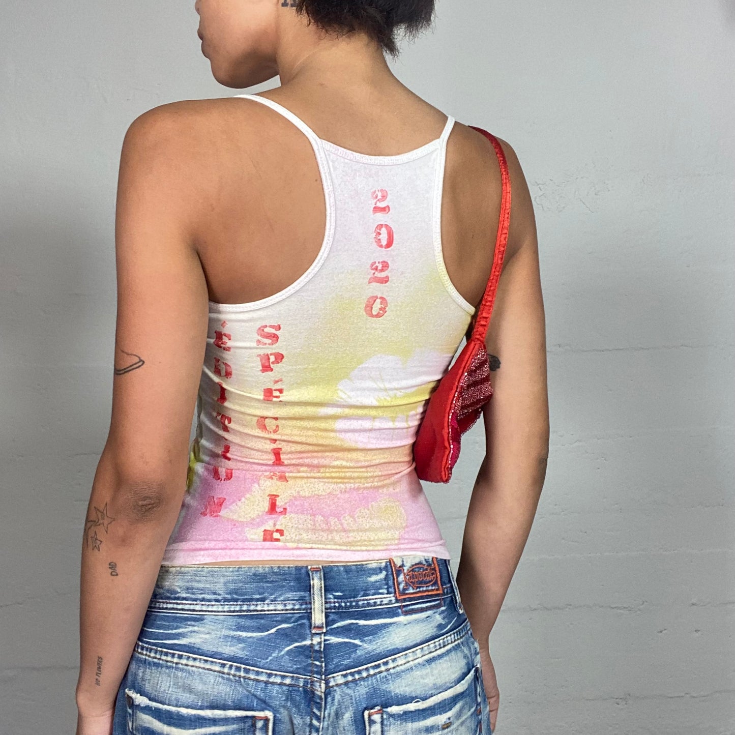 Vintage 2000's Downtown Girl Orange Top with Lips and "No kiss" Typography Print (S)