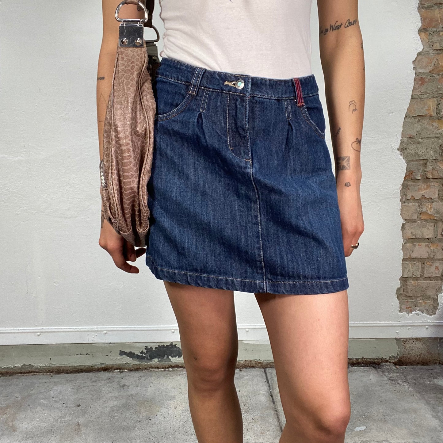 Vintage 2000's Downtown Girl Dark Wash Denim Mini Skirt with Red Stitching (S)