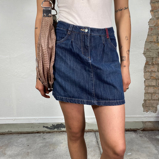 Vintage 2000's Downtown Girl Dark Wash Denim Mini Skirt with Red Stitching (S)