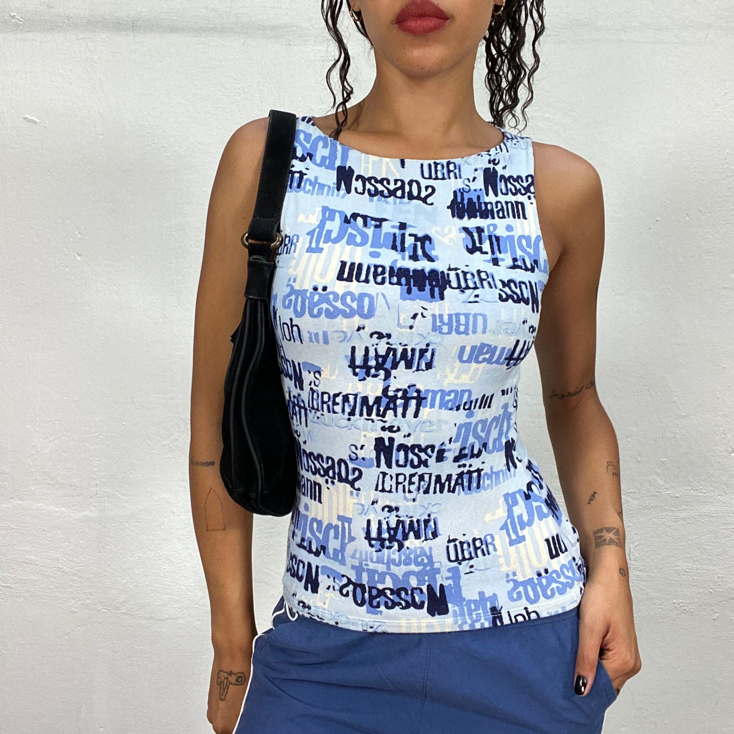 Vintage 90's Downtown Girl Blue Tank Top with Typography Print (S)