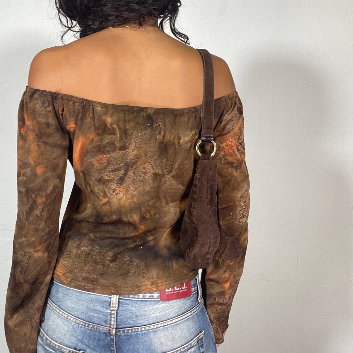 Vintage 90's Boho Girl Brown Off Shoulder Longsleeve Blouse with Tie Dye Orange Print (S)