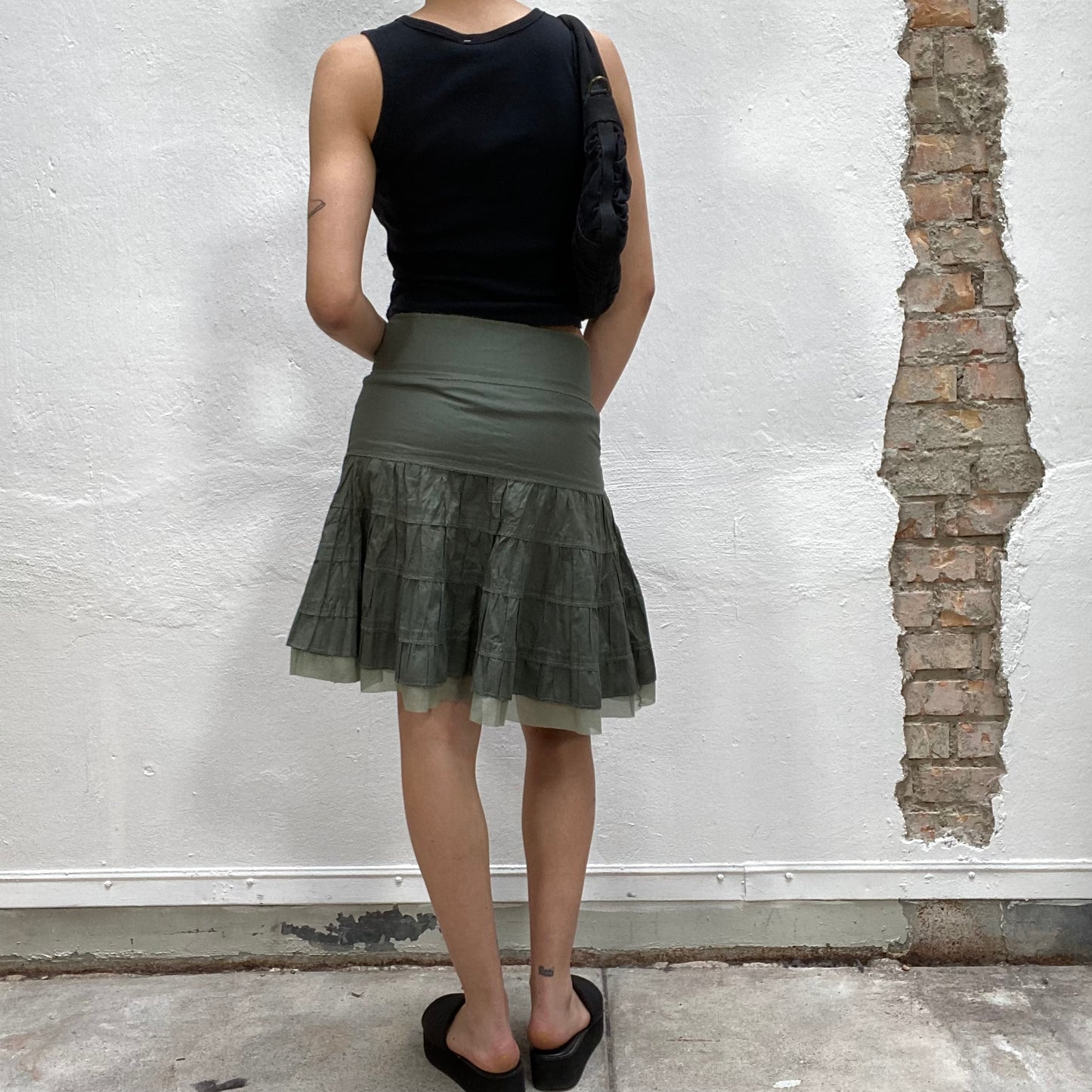 Vintage 90's Indie Green Midi Skirt with Mesh Trim (S/M)