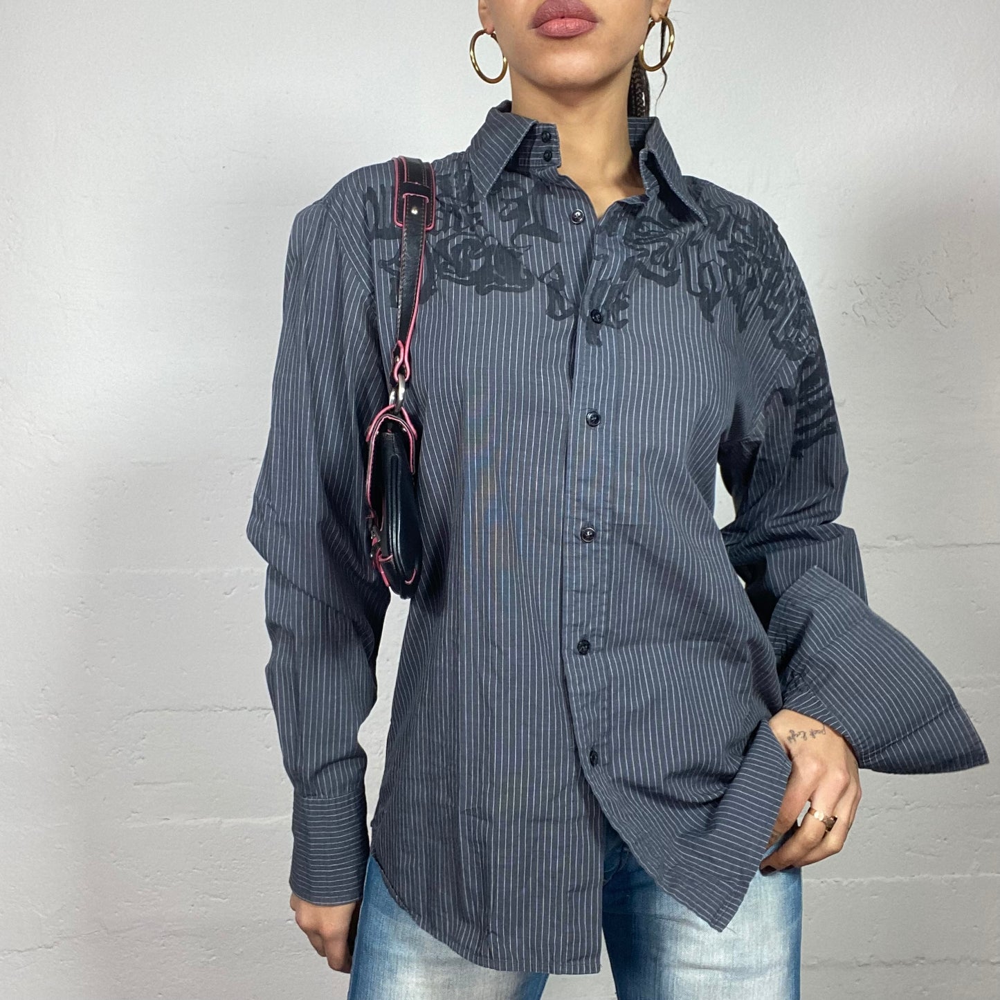 Vintage 2000's Archive Pinstripe Grey Button Up Shirt with Gothic Print (M)